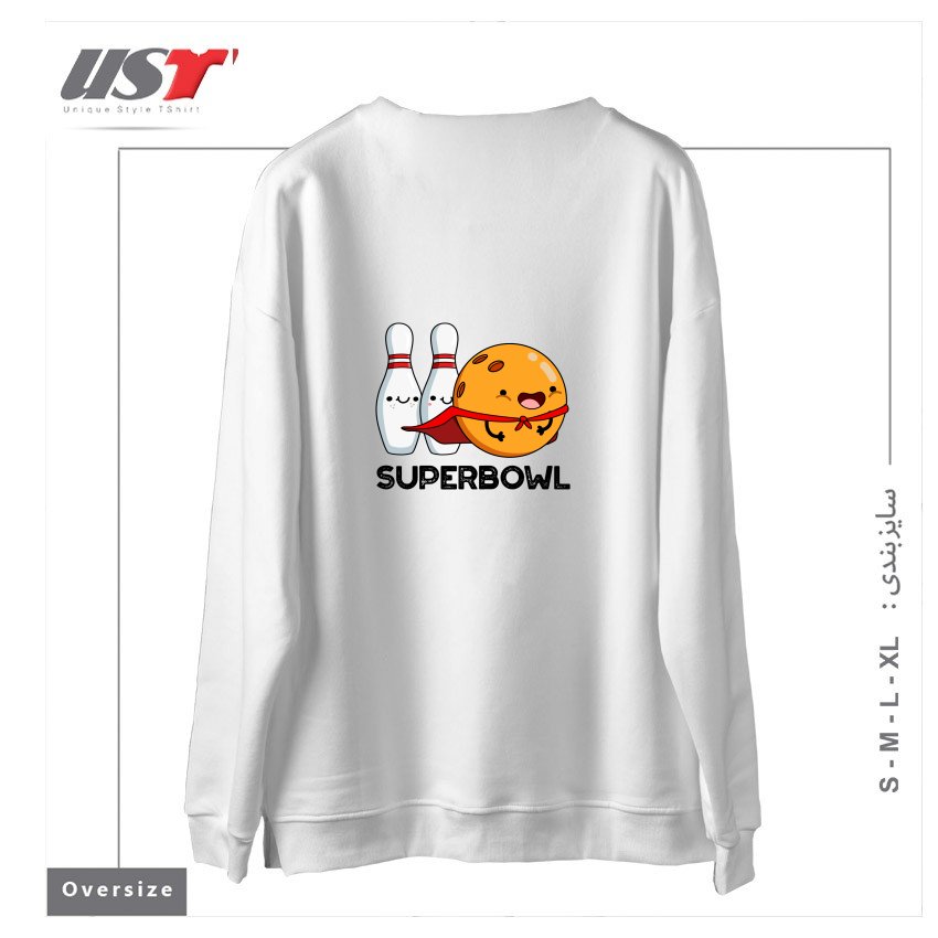 طرح SUPER BOWL CUTE SUPER HERO BOWLING PUN سوییشرت اورسایزرنگ سفید