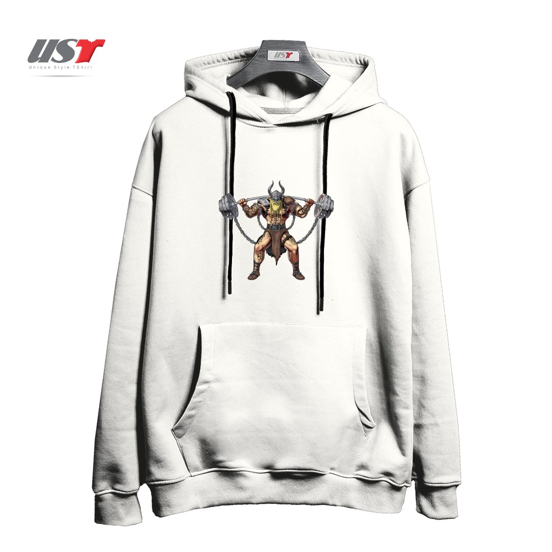 طرح VIKING WARRIOR BODYBUILDER هودی اورسایزرنگ سفید