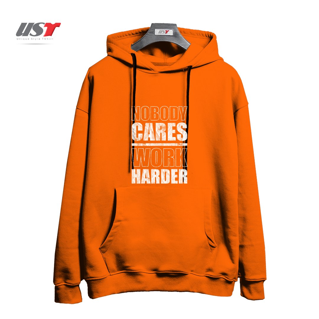 طرح NOBODY CARES WORK HARDER هودی اورسایزرنگ نارنجی