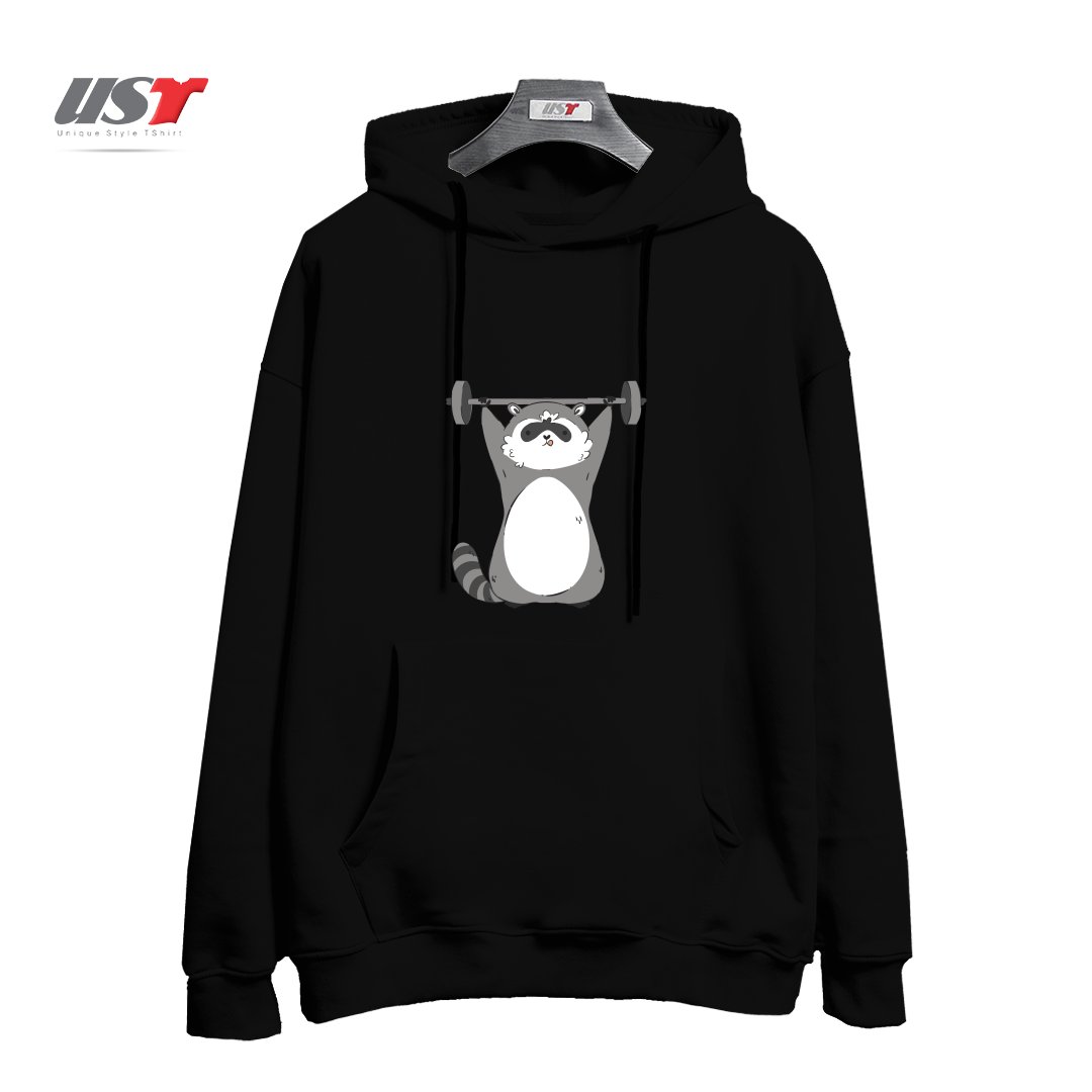 طرح RACCOON WORKING OUT هودی اورسایزرنگ مشکی