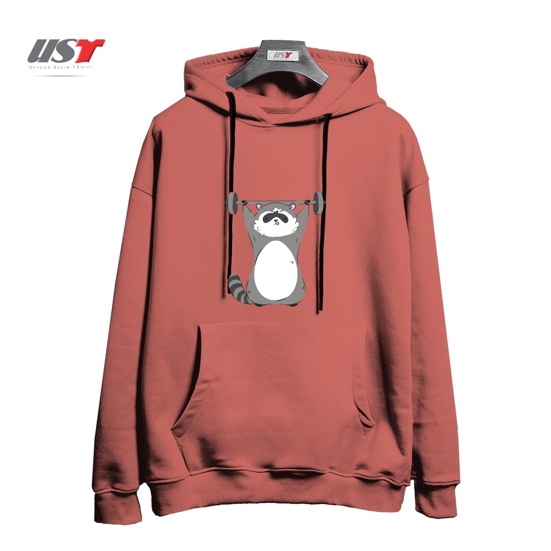 طرح RACCOON WORKING OUT هودی اورسایزرنگ آجری