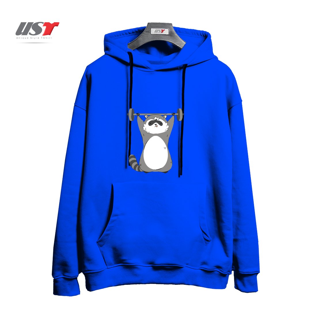 طرح RACCOON WORKING OUT هودی اورسایزرنگ آبی شالی