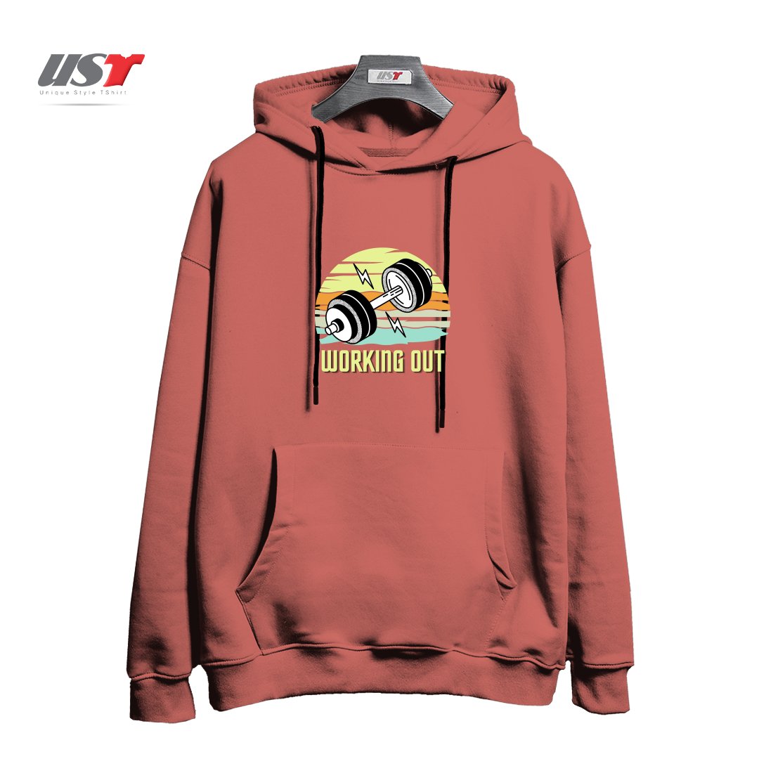 طرح RETRO GYM WORKING OUT هودی اورسایزرنگ آجری