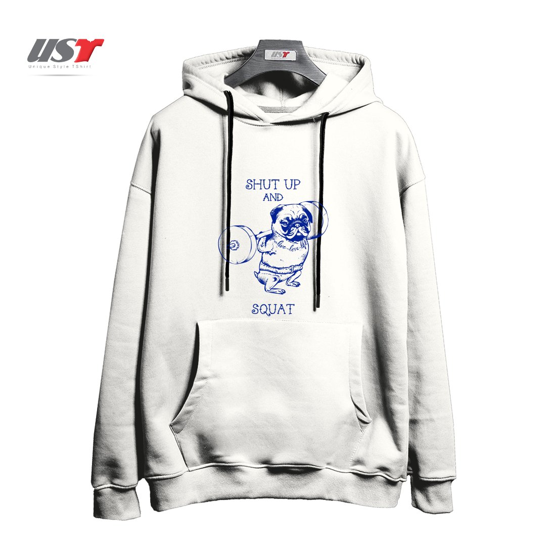 طرح SHUT UP AND SQUAT هودی اورسایزرنگ سفید