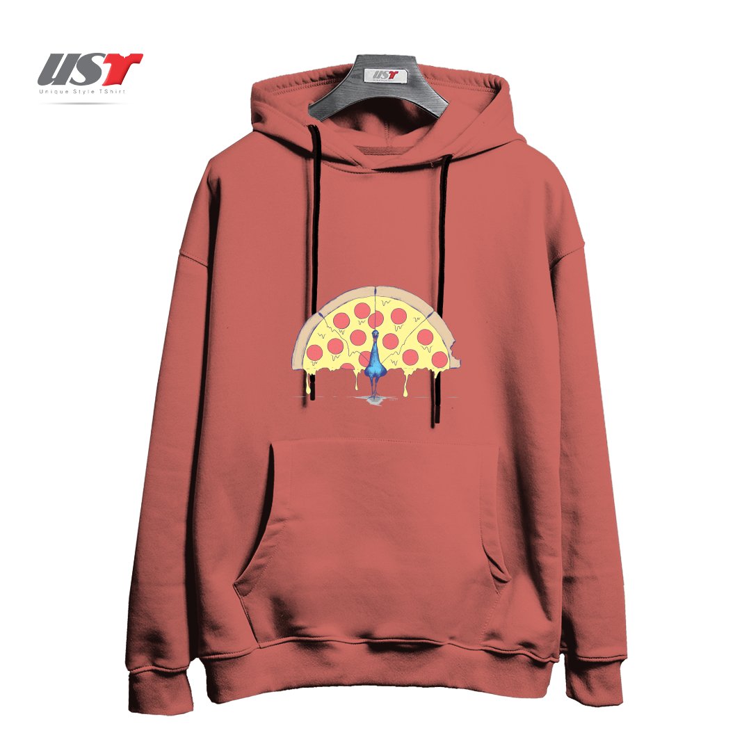 طرح PIZZA PEACOCK354554 هودی اورسایزرنگ آجری