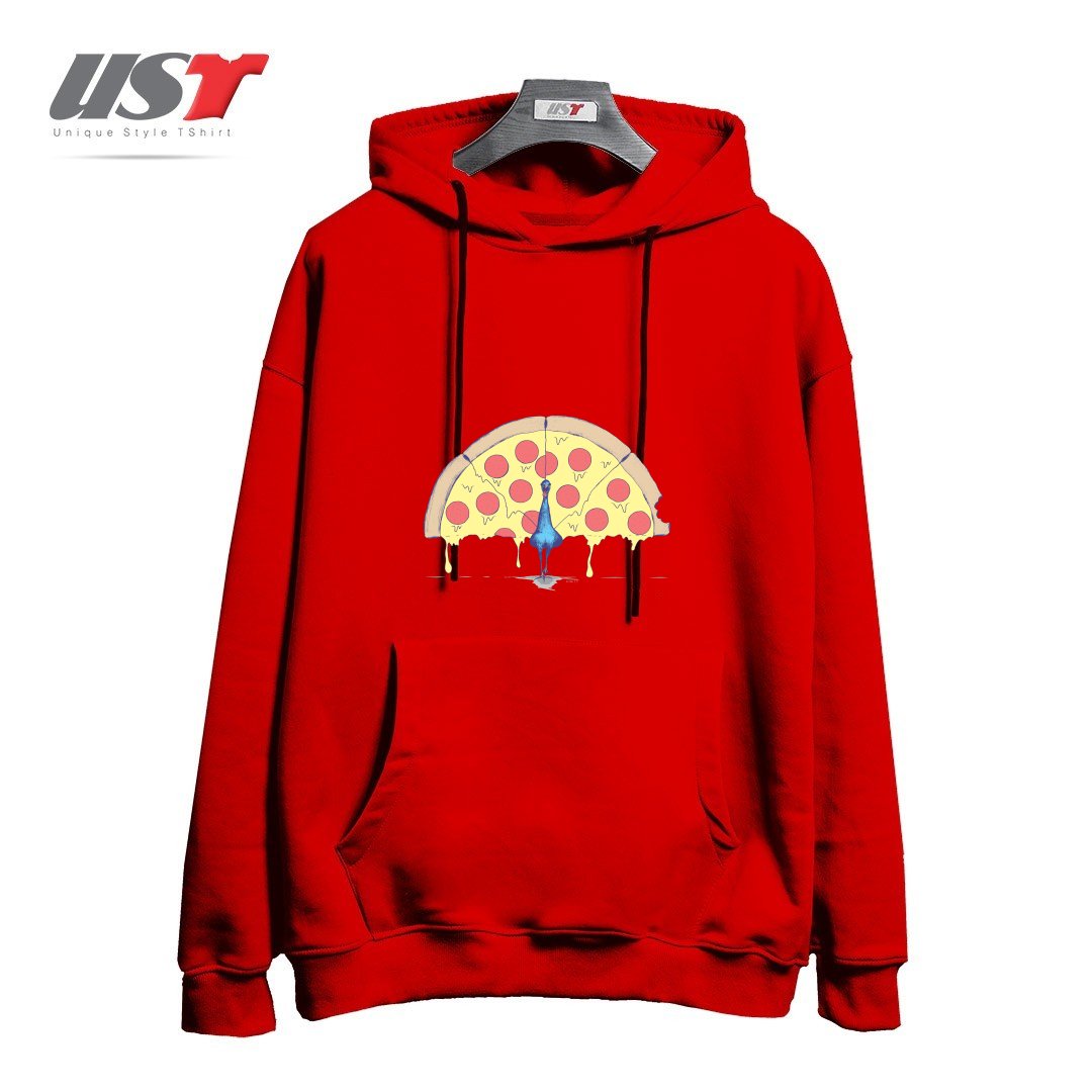 طرح PIZZA PEACOCK354554 هودی اورسایزرنگ قرمز