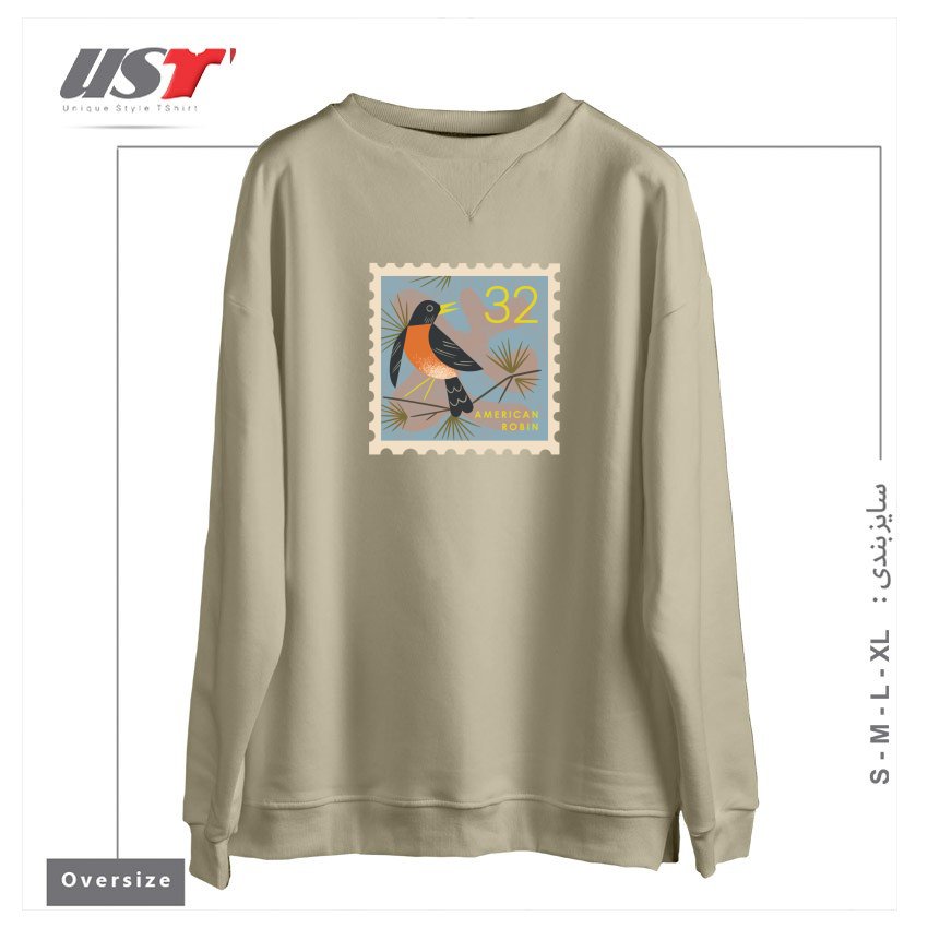 طرح ROBIN POSTAGE STAMP سوییشرت اورسایزرنگ نخودی