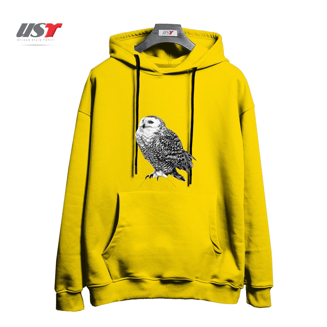 هودی اورسایز طرح SNOWY OWL - BLACK AND WHITE ANIMAL ILLUSTRATION