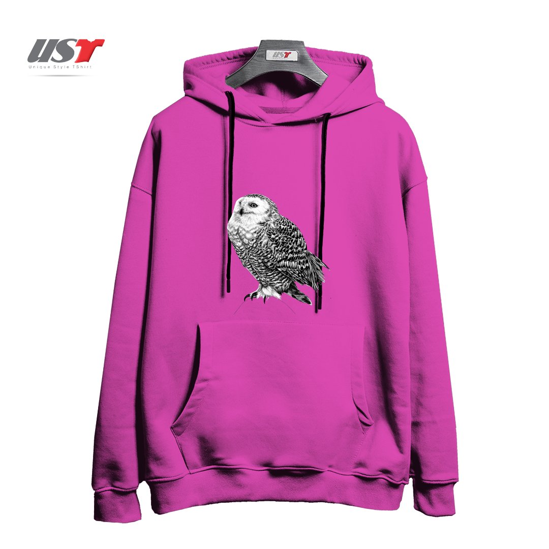 هودی اورسایز طرح SNOWY OWL - BLACK AND WHITE ANIMAL ILLUSTRATION