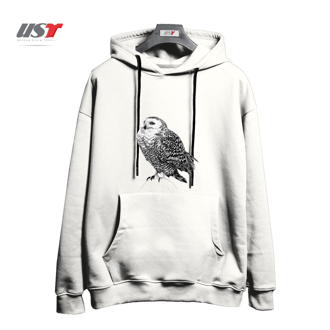 طرح SNOWY OWL - BLACK AND WHITE ANIMAL ILLUSTRATION هودی اورسایزرنگ سفید
