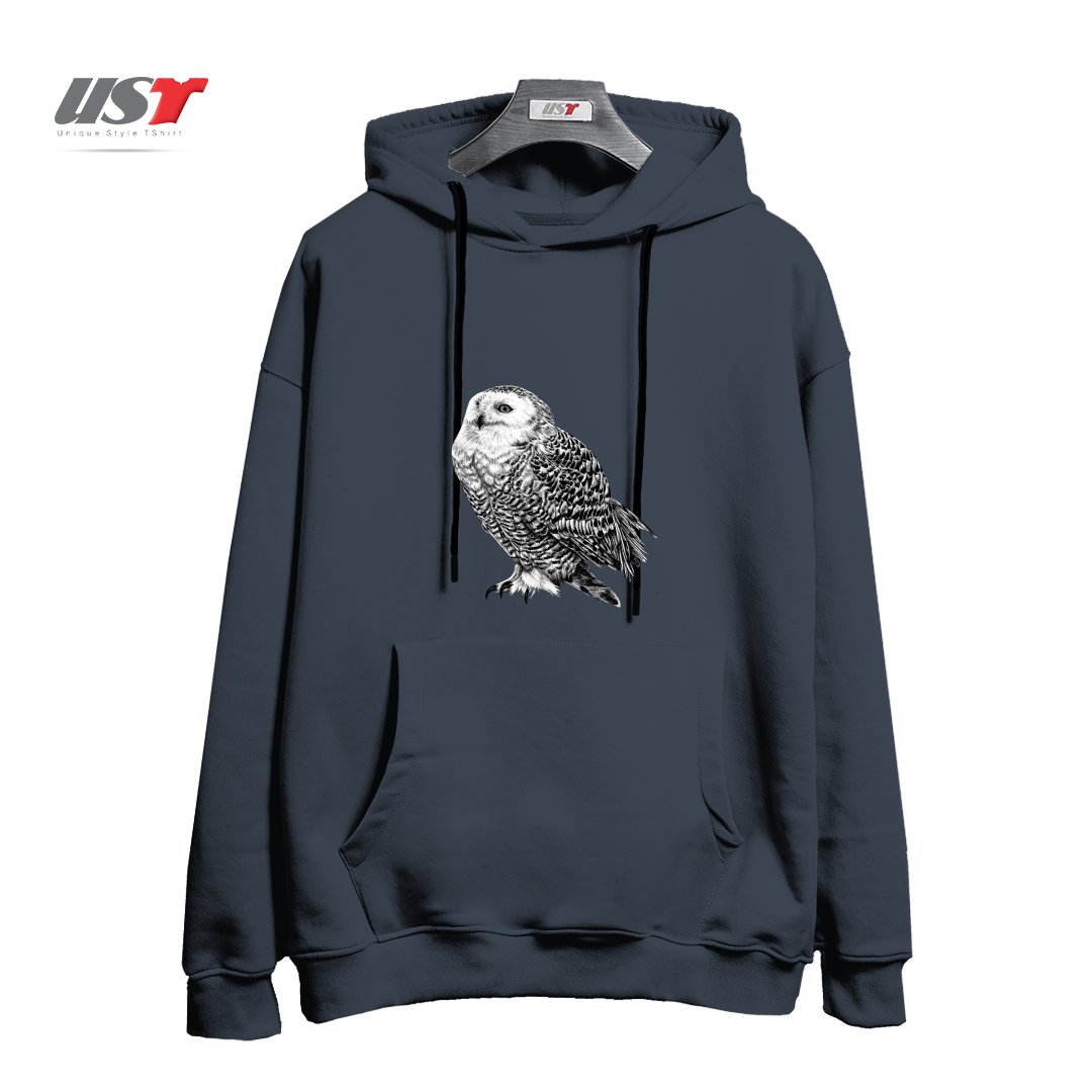 طرح SNOWY OWL - BLACK AND WHITE ANIMAL ILLUSTRATION هودی اورسایزرنگ دودی