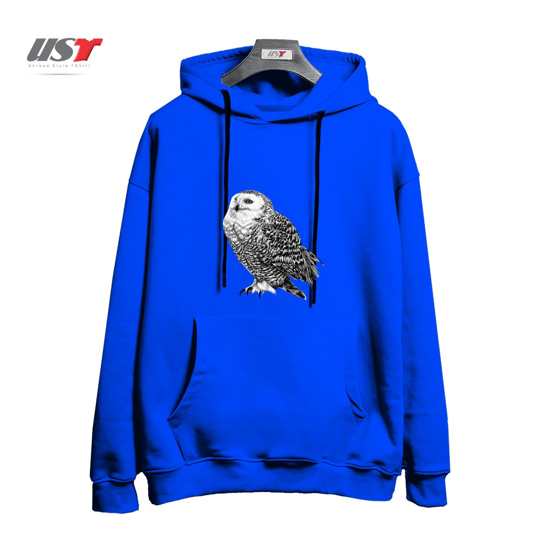 طرح SNOWY OWL - BLACK AND WHITE ANIMAL ILLUSTRATION هودی اورسایزرنگ آبی شالی