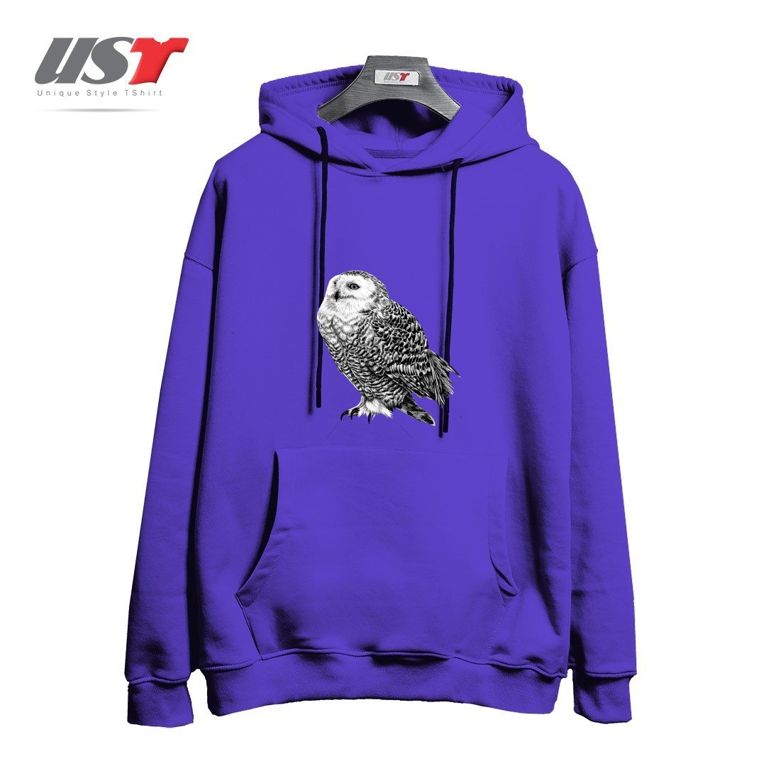 طرح SNOWY OWL - BLACK AND WHITE ANIMAL ILLUSTRATION هودی اورسایزرنگ بنفش