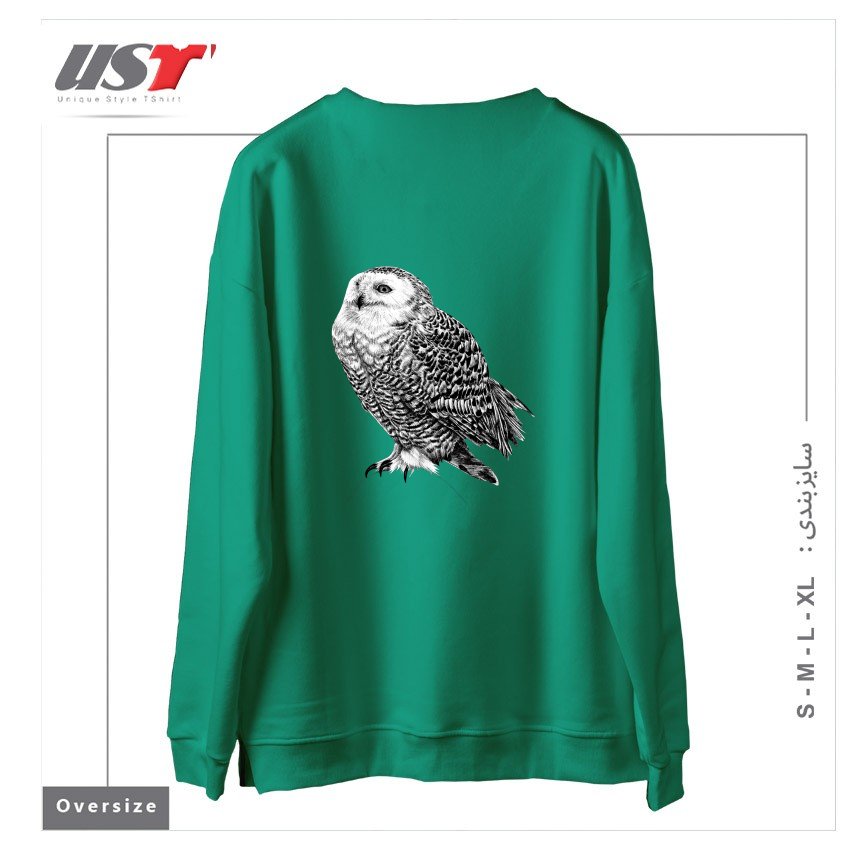 طرح SNOWY OWL - BLACK AND WHITE ANIMAL ILLUSTRATION سوییشرت اورسایزرنگ سبز سدری
