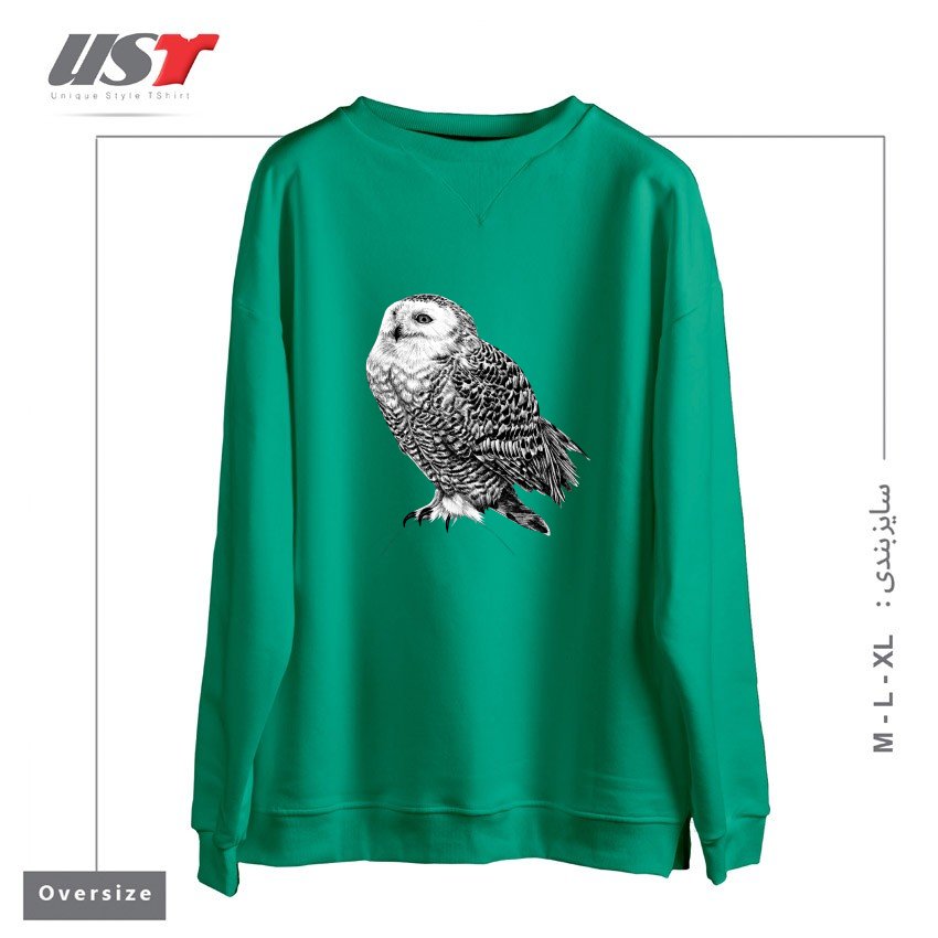 طرح SNOWY OWL - BLACK AND WHITE ANIMAL ILLUSTRATION سوییشرت اورسایزرنگ سبز سدری