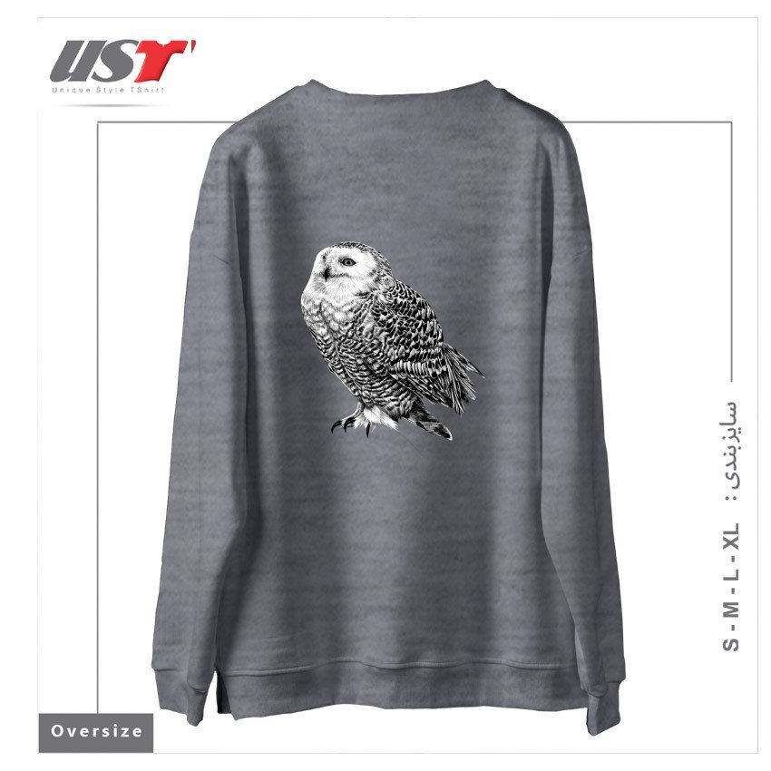 طرح SNOWY OWL - BLACK AND WHITE ANIMAL ILLUSTRATION سوییشرت اورسایزرنگ طوسی ملانژ