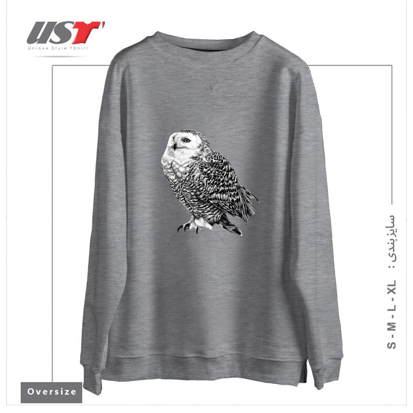 سوییشرت اورسایز طرح SNOWY OWL - BLACK AND WHITE ANIMAL ILLUSTRATION