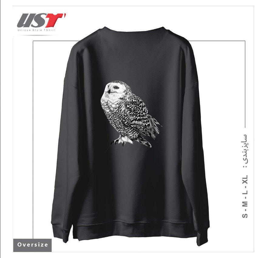 طرح SNOWY OWL - BLACK AND WHITE ANIMAL ILLUSTRATION سوییشرت اورسایزرنگ دودی