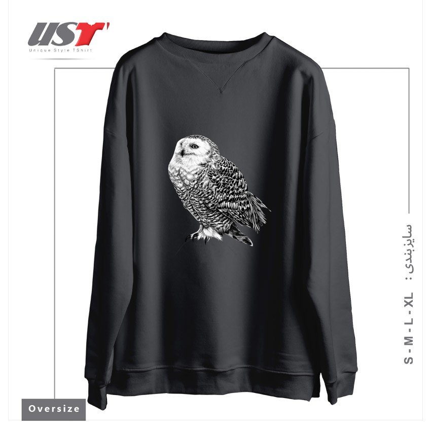 طرح SNOWY OWL - BLACK AND WHITE ANIMAL ILLUSTRATION سوییشرت اورسایزرنگ دودی