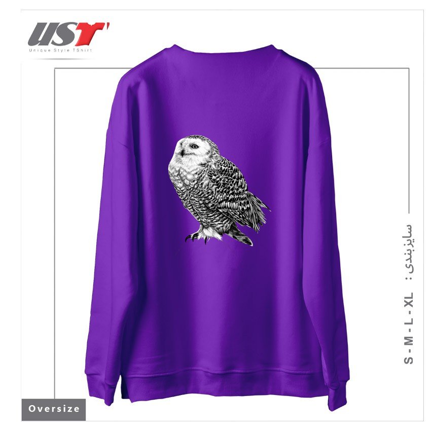 طرح SNOWY OWL - BLACK AND WHITE ANIMAL ILLUSTRATION سوییشرت اورسایزرنگ بنفش