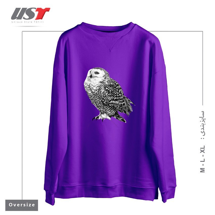 سوییشرت اورسایز طرح SNOWY OWL - BLACK AND WHITE ANIMAL ILLUSTRATION