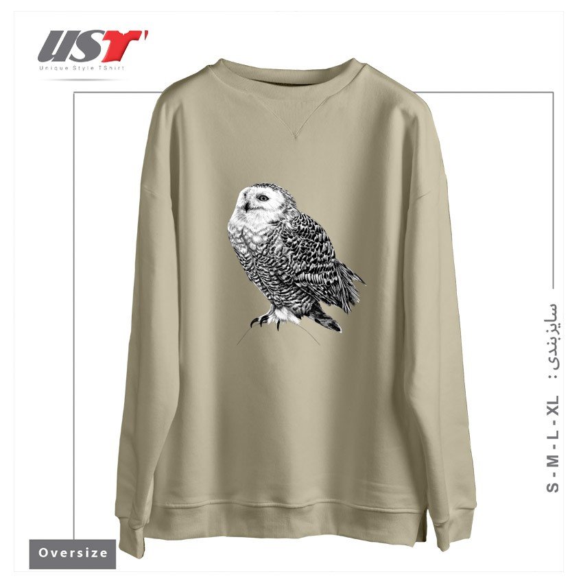 سوییشرت اورسایز طرح SNOWY OWL - BLACK AND WHITE ANIMAL ILLUSTRATION