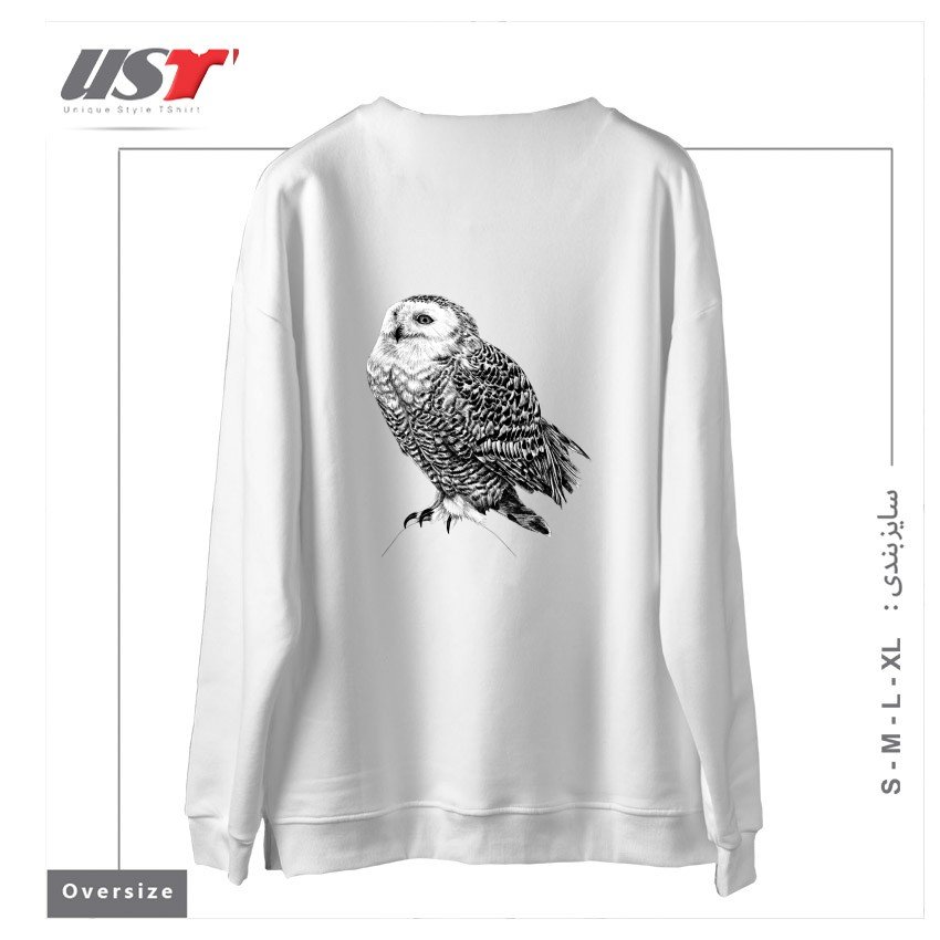 طرح SNOWY OWL - BLACK AND WHITE ANIMAL ILLUSTRATION سوییشرت اورسایزرنگ سفید