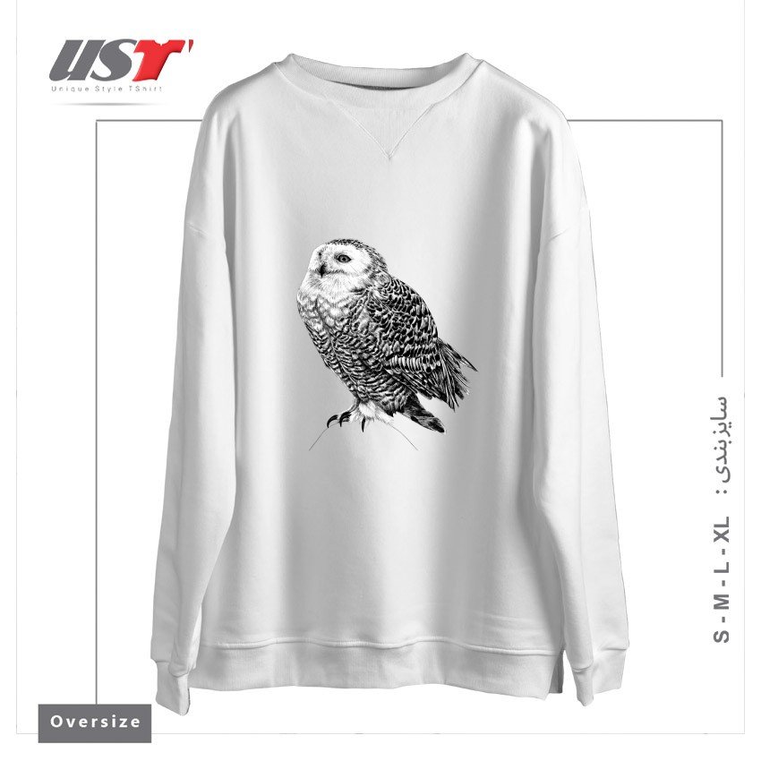 سوییشرت اورسایز طرح SNOWY OWL - BLACK AND WHITE ANIMAL ILLUSTRATION