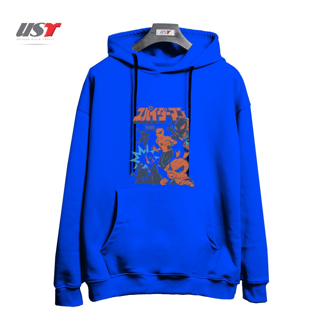 طرح SPIDER SQUADRON هودی اورسایزرنگ آبی شالی