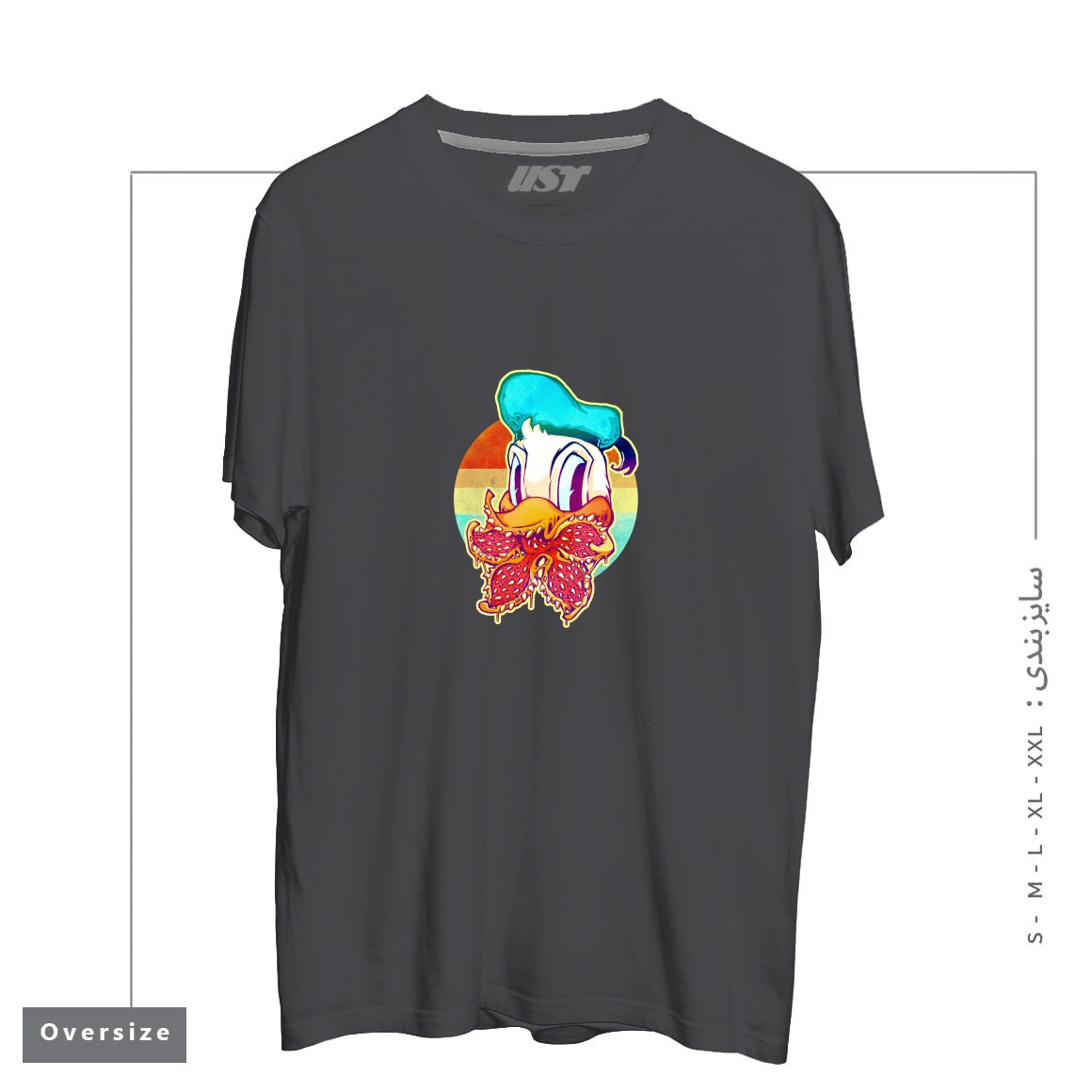 طرح UPSIDE DOWN STRANGER DONALD تیشرت اورسایزرنگ دودی