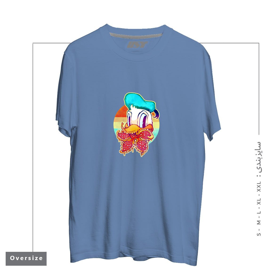 طرح UPSIDE DOWN STRANGER DONALD تیشرت اورسایزرنگ آبی نفتی