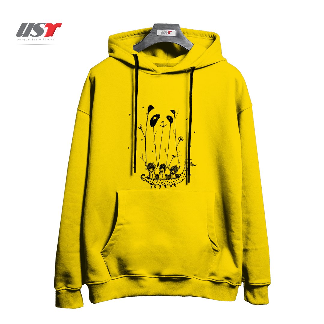 طرح FAKE PANDAS HAVE MORE FUN هودی اورسایزرنگ زرد