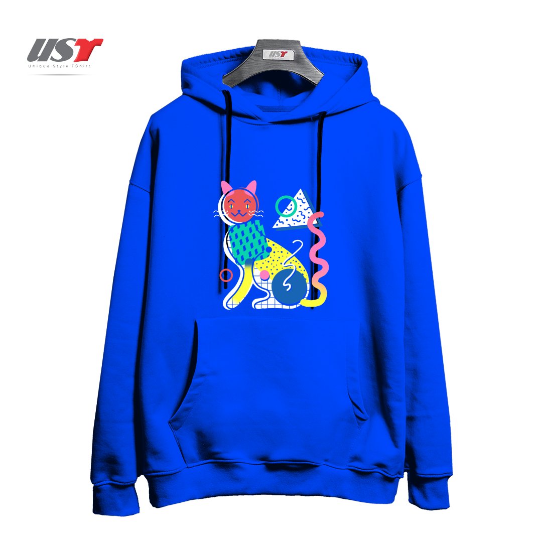 طرح MEMPHIS CAT DESIGN هودی اورسایزرنگ آبی شالی