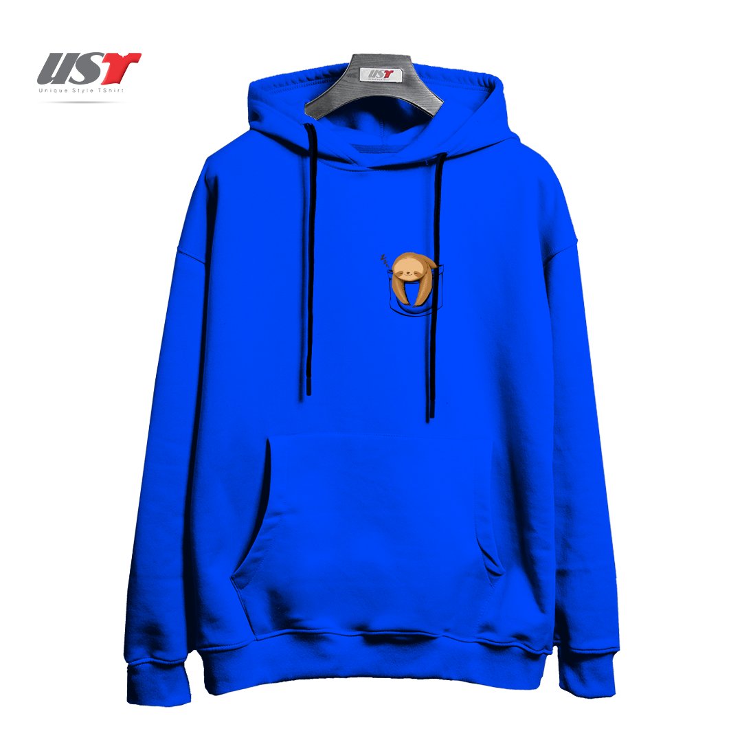 طرح SLOTH IN A POCKET هودی اورسایزرنگ آبی شالی