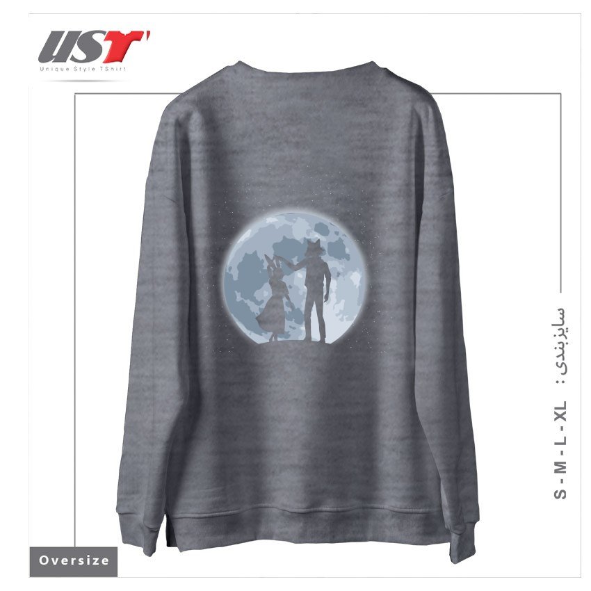طرح Beasts under the moon سوییشرت اورسایزرنگ طوسی ملانژ
