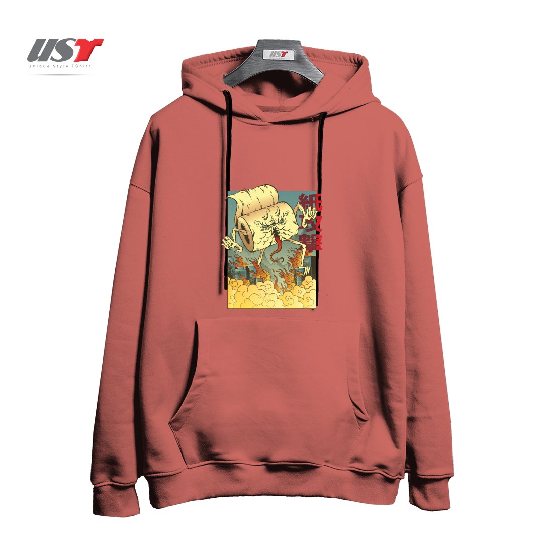 طرح Toilet Paper Monster هودی اورسایزرنگ آجری