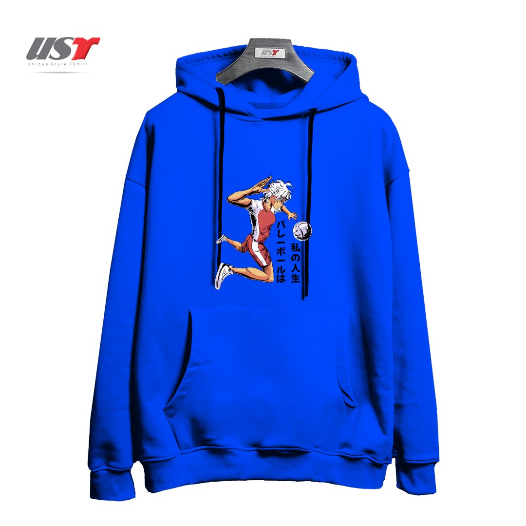 طرح Anime Girl Playing Volleyball1 هودی اورسایزرنگ آبی شالی