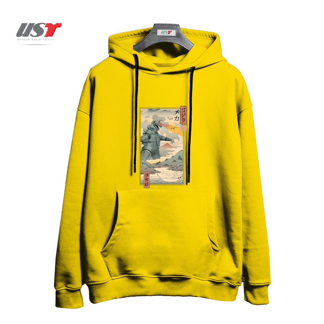 طرح Mecha Kaiju Ukiyo-e هودی اورسایزرنگ زرد