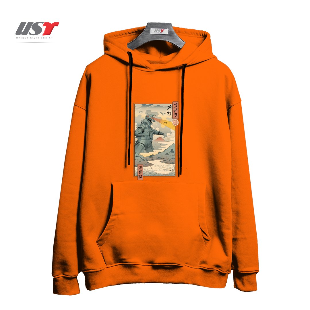 طرح Mecha Kaiju Ukiyo-e هودی اورسایزرنگ نارنجی