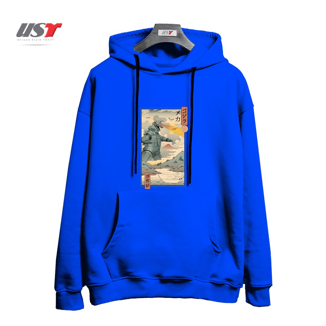 طرح Mecha Kaiju Ukiyo-e هودی اورسایزرنگ آبی شالی