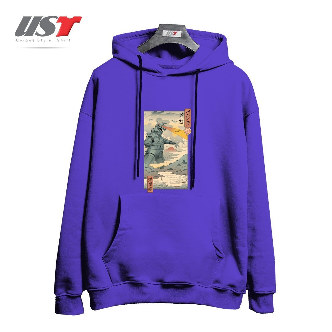 طرح Mecha Kaiju Ukiyo-e هودی اورسایزرنگ بنفش