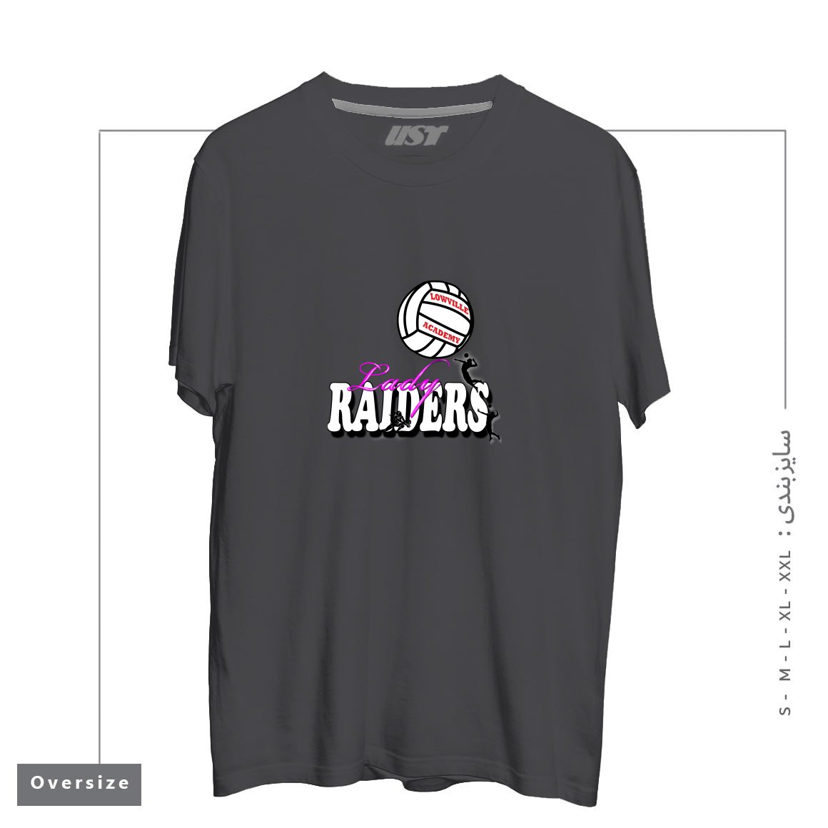 طرح LOWVILLE ACADEMY LADY RAIDERS VOLLEYBALL تیشرت اورسایزرنگ دودی
