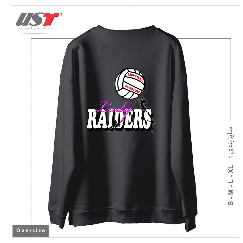 طرح LOWVILLE ACADEMY LADY RAIDERS VOLLEYBALL سوییشرت اورسایزرنگ دودی