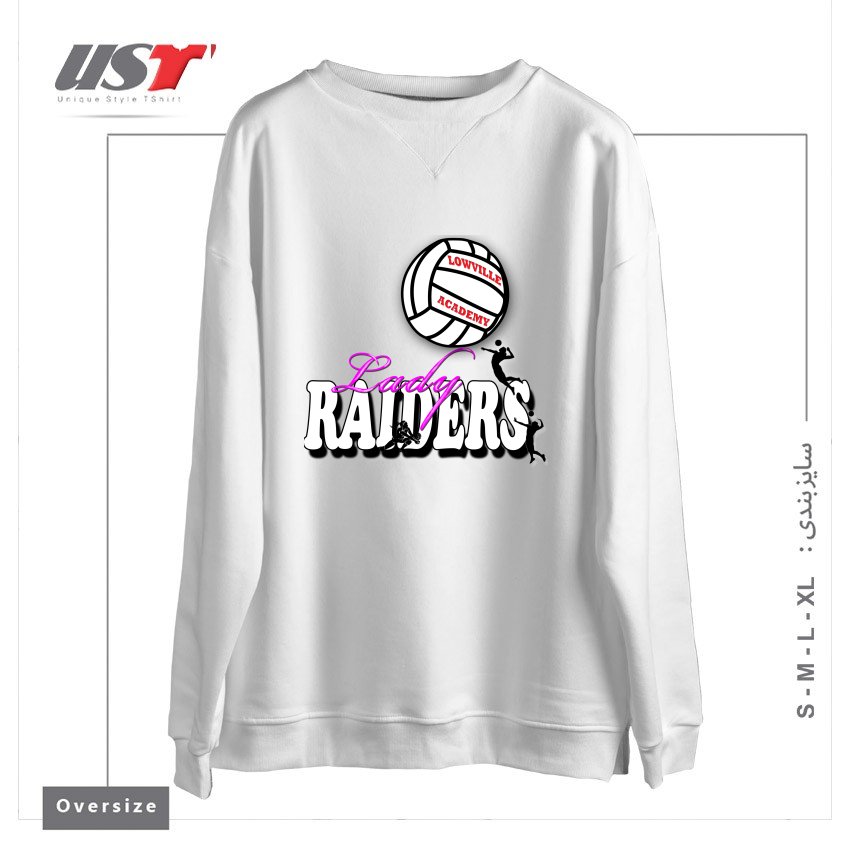 طرح LOWVILLE ACADEMY LADY RAIDERS VOLLEYBALL سوییشرت اورسایزرنگ سفید