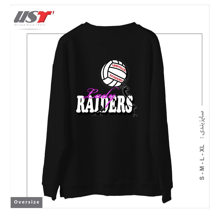 طرح LOWVILLE ACADEMY LADY RAIDERS VOLLEYBALL سوییشرت اورسایزرنگ مشکی