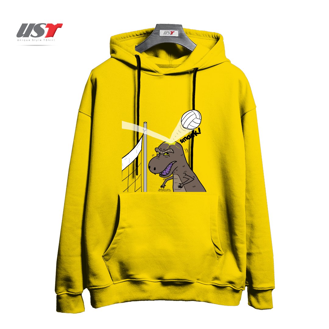 طرح WHY T-REXES DO NOT LIKE VOLLEYBALL هودی اورسایزرنگ زرد