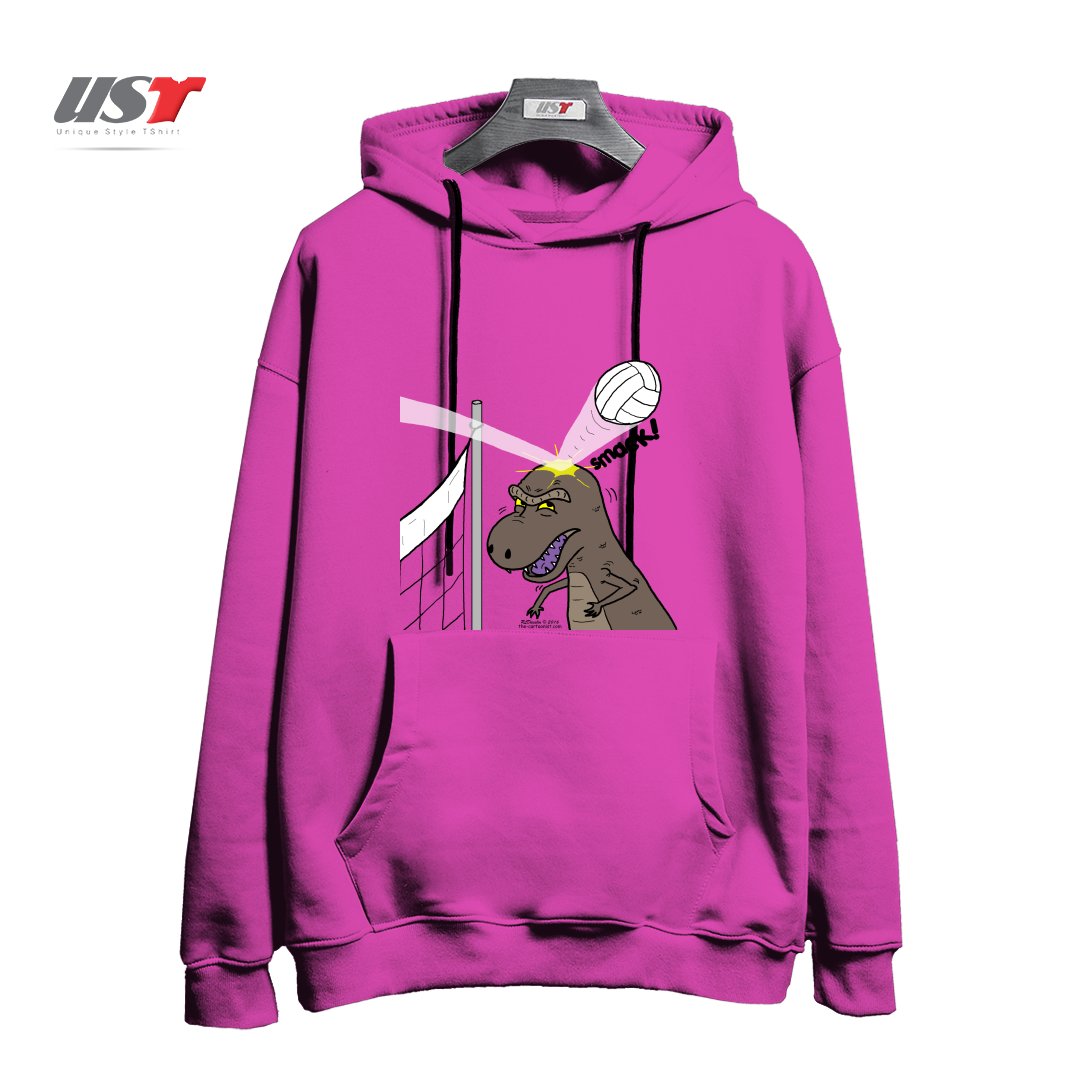 طرح WHY T-REXES DO NOT LIKE VOLLEYBALL هودی اورسایزرنگ صورتی