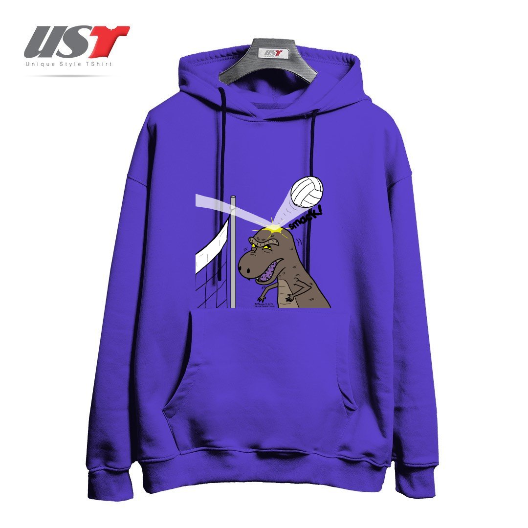 طرح WHY T-REXES DO NOT LIKE VOLLEYBALL هودی اورسایزرنگ بنفش