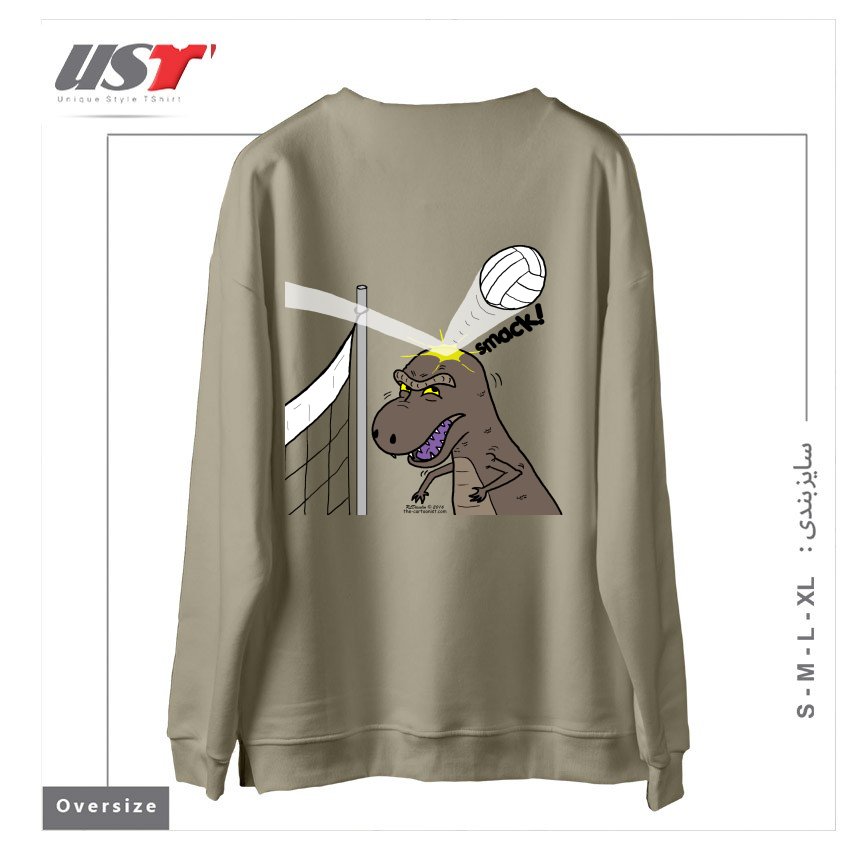 طرح WHY T-REXES DO NOT LIKE VOLLEYBALL سوییشرت اورسایزرنگ نخودی