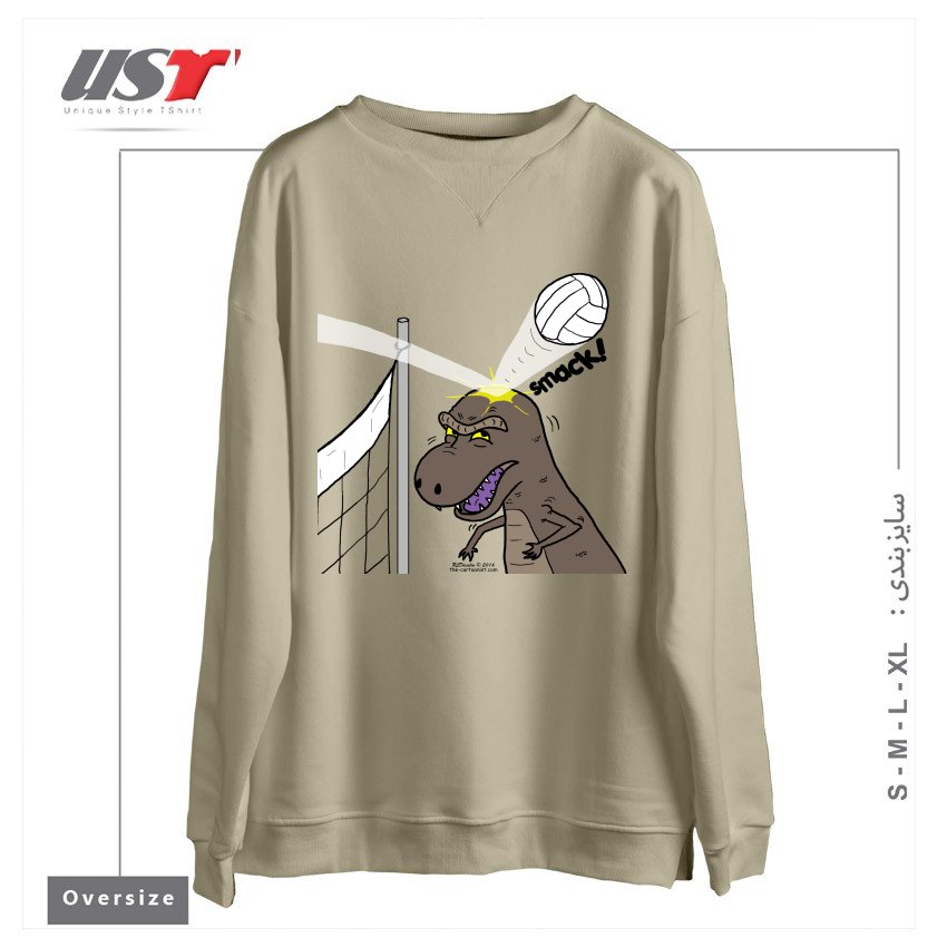 طرح WHY T-REXES DO NOT LIKE VOLLEYBALL سوییشرت اورسایزرنگ نخودی